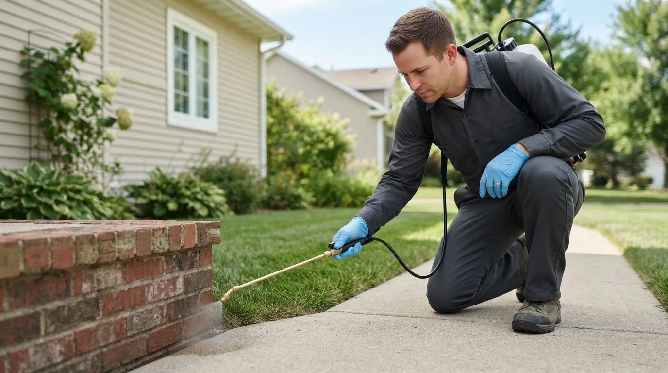 Pest control technician treating a home near Gowrie, IA