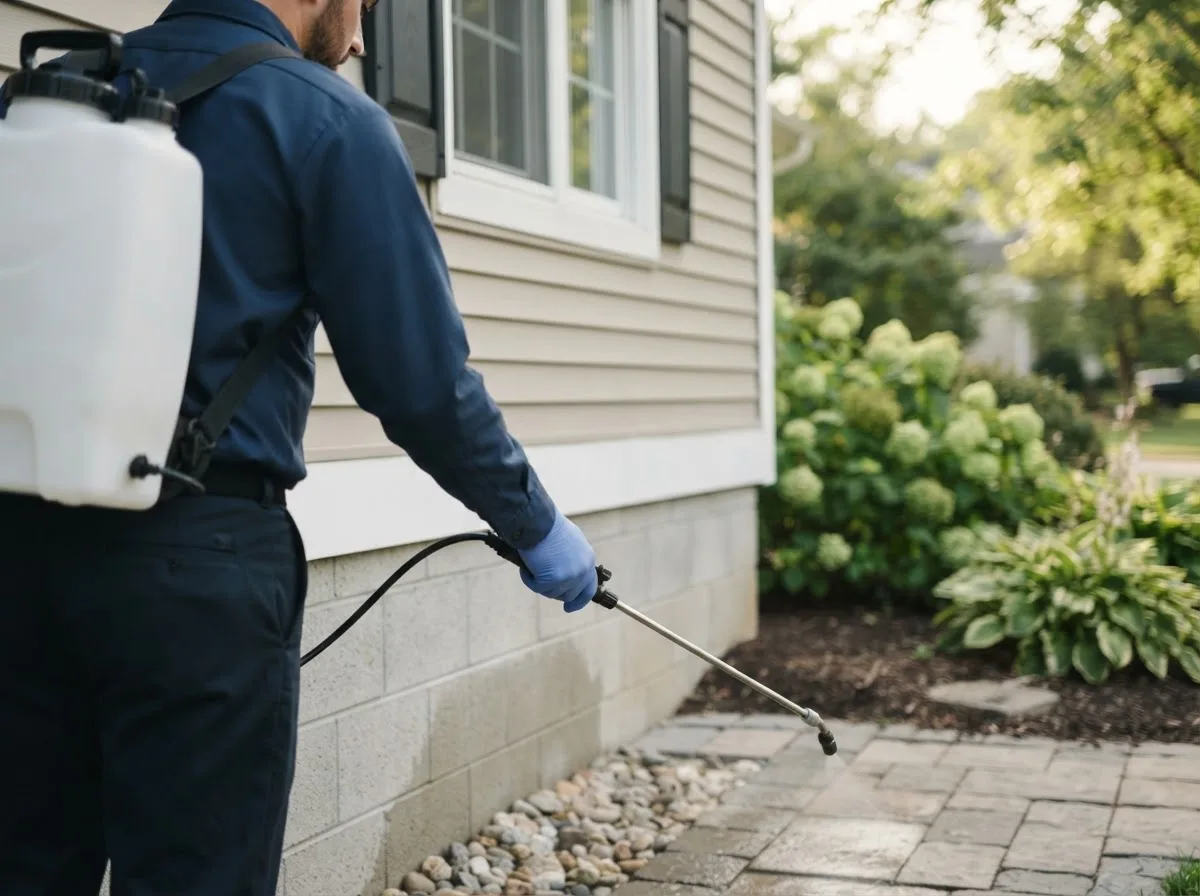 Pest control technician inspecting a home in Gowrie, IA